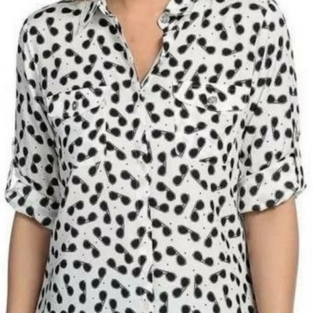Karl Lagerfeld | Black and White Sunglasses Print Roll Tab Sleeve Shirt | Sz S